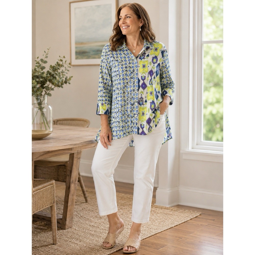 Habitat Mixed Print Button Front Shirt Medium Blue Green Crinkle Art to Wear